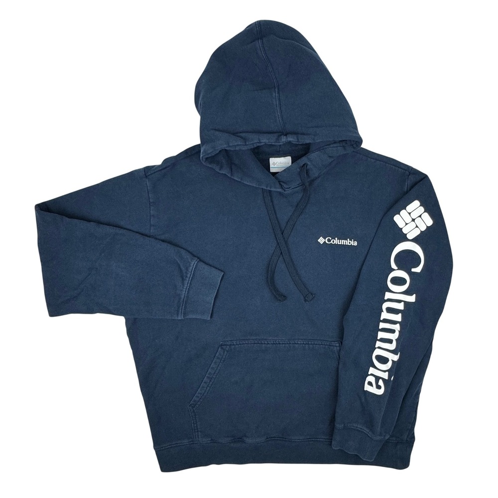 Columbia Men's Large Trek Hoodie XM6664 Spellout Logo Sleeve Graphic Navy Blue